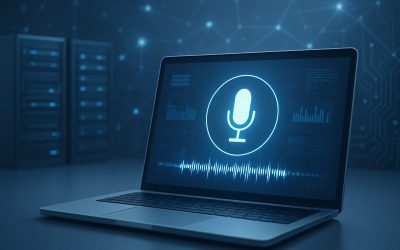 A laptop displaying a microphone icon and sound waveform against a tech backdrop