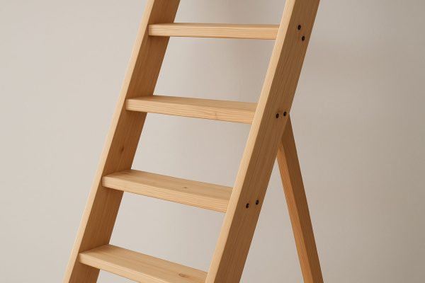 Close-up of a wooden loft ladder with natural wood texture